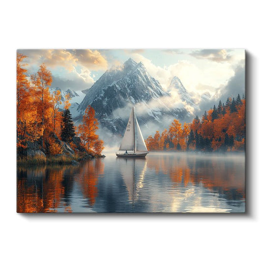 Sonbahar Gölü - Turuncu Yapraklar Arasında Yelkenli Tekne Kanvas Tablo
