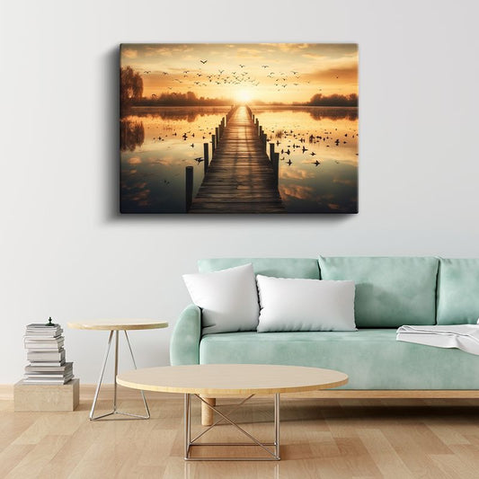Altın İskele - Gün Batımında Kuşların Göçü Kanvas Tablo