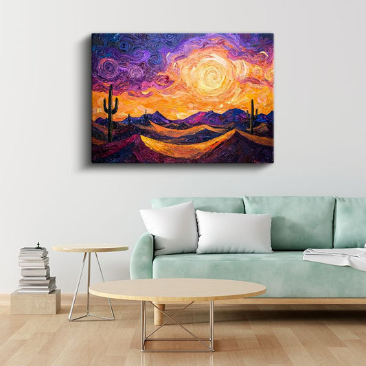 Çöl Günbatımı - Renkli Gökyüzü Altında Kaktüsler Kanvas Tablo