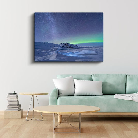 Kutup Işıkları - Karlı Dağlar ve Samanyolu Kanvas Tablo