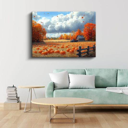 Sonbahar Çiftliği - Balkabağı Hasadı ve Turuncu Yapraklar Kanvas Tablo