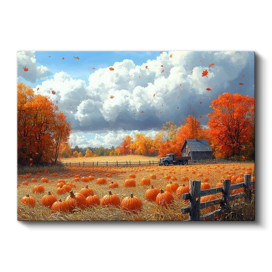 Sonbahar Çiftliği - Balkabağı Hasadı ve Turuncu Yapraklar Kanvas Tablo