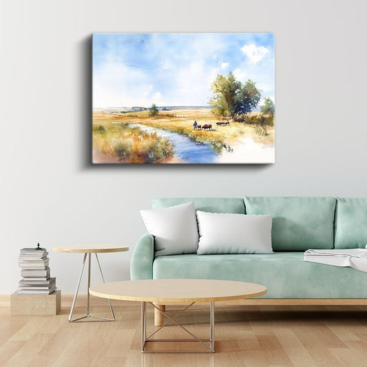 Kırsal Manzara - Nehir Kenarında Huzurlu Bir Gün Kanvas Tablo