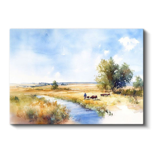 Kırsal Manzara - Nehir Kenarında Huzurlu Bir Gün Kanvas Tablo