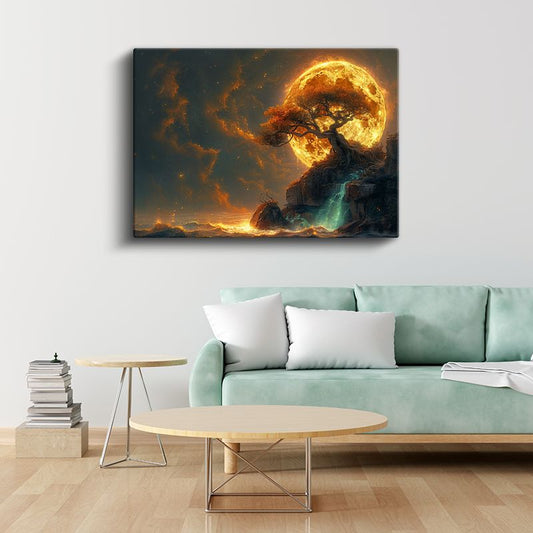 Altın Dolunay - Kayalıklarda Yükselen Kadim Ağaç Kanvas Tablo