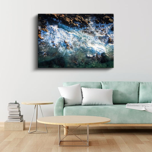 Turkuaz Dalgalar - Kayalıklarda Dans Eden Köpüklü Deniz Kanvas Tablo