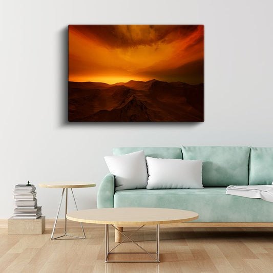 Ateş Gökyüzü - Alev Tonlarında Dağ Silüetleri Kanvas Tablo