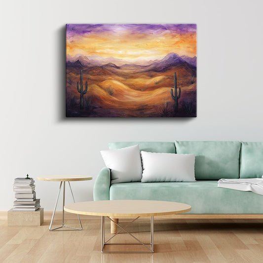 Çöl Günbatımı - Kaktüsler ve Mor Ufuklar Kanvas Tablo