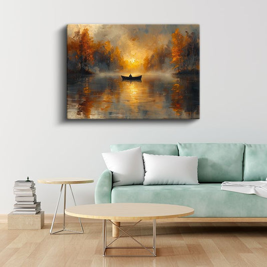 Sonbahar Gölü - Sisli Suda Yalnız Kayık ve Altın Orman Kanvas Tablo