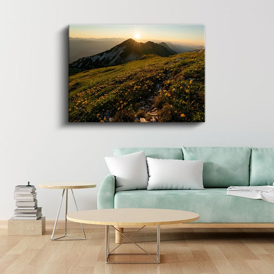 Alpin Çiçekleri - Dağ Zirvesinde Gün Batımı Kanvas Tablo