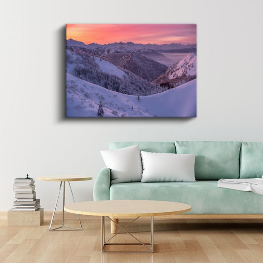 Karlı Dağlar - Pembe Gökyüzü Altında Kış Manzarası Kanvas Tablo