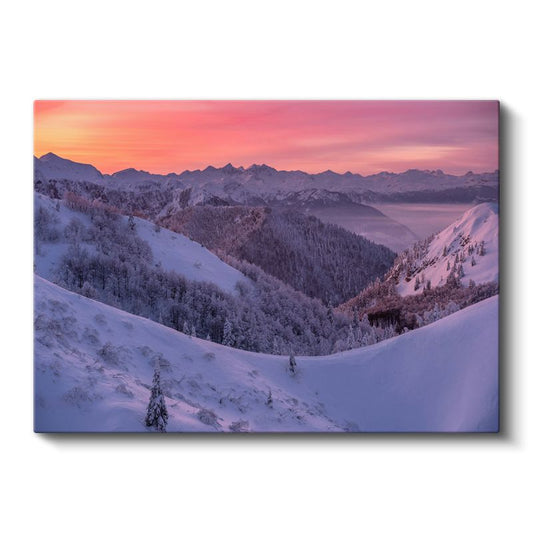 Karlı Dağlar - Pembe Gökyüzü Altında Kış Manzarası Kanvas Tablo