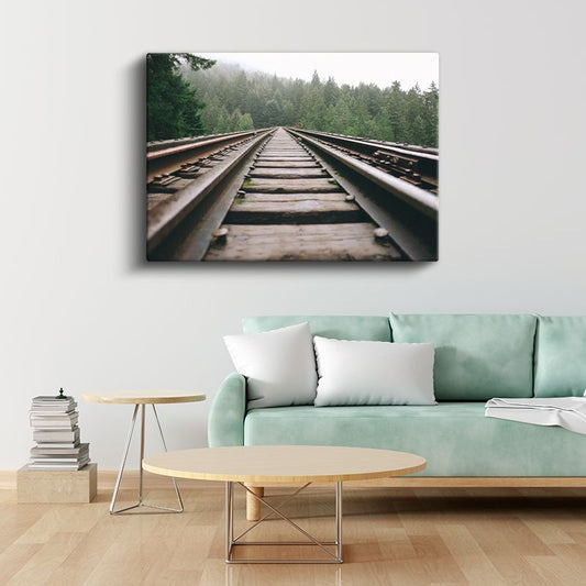 Orman Demiryolu - Sisli Çam Ağaçları Arasında Uzanan Hat Kanvas Tablo