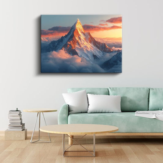 Karlı Zirve - Gün Batımında Işıldayan Dağ Manzarası Kanvas Tablo