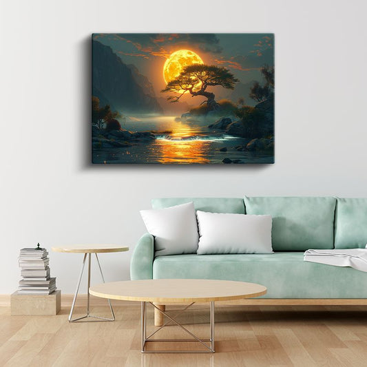 Mistik Dolunay - Altın Işıkta Huzur Veren Göl Manzarası Kanvas Tablo