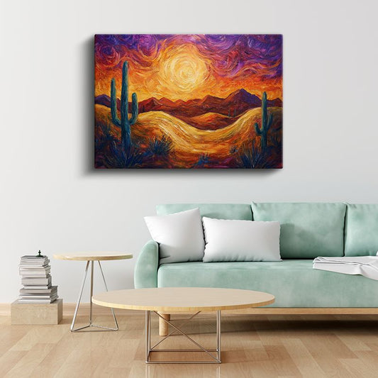 Çöl Günbatımı - Kaktüsler ve Dağlar Arasında Alev Renkli Gökyüzü Kanvas Tablo