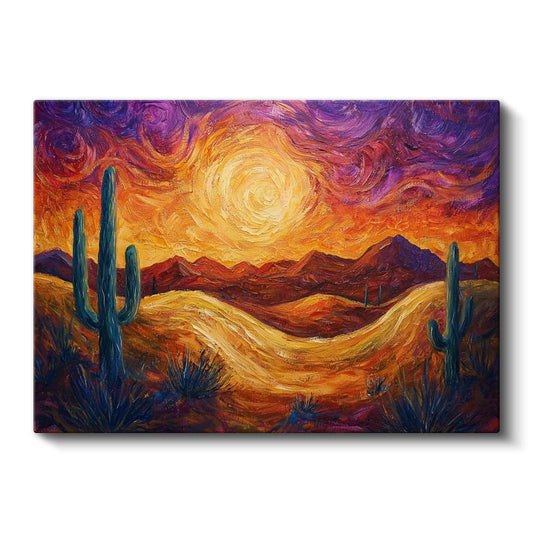 Çöl Günbatımı - Kaktüsler ve Dağlar Arasında Alev Renkli Gökyüzü Kanvas Tablo