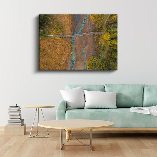 Sonbahar Köprüsü - Turkuaz Nehir Üzerinde Havadan Görünüm Kanvas Tablo