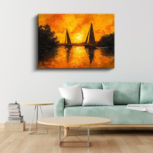 Altın Sular - Gün Batımında Yelkenlilerin Dansı Kanvas Tablo