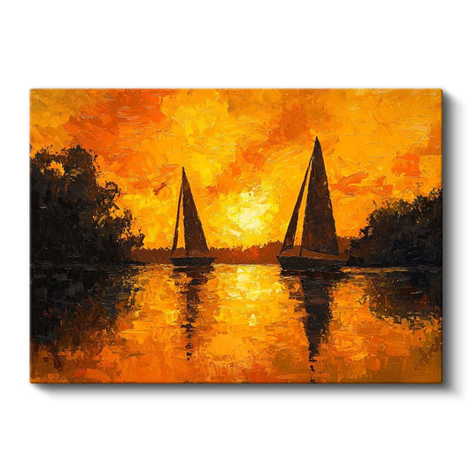 Altın Sular - Gün Batımında Yelkenlilerin Dansı Kanvas Tablo
