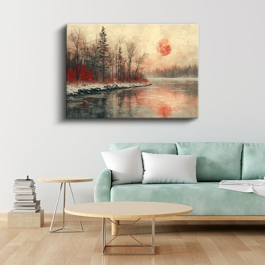 Kızıl Ay - Kış Gölü Üzerinde Huzur Veren Gün Batımı Kanvas Tablo