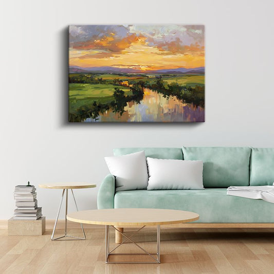 Altın Günbatımı - Nehir Kıyısında Huzur Dolu Manzara Kanvas Tablo