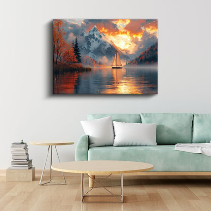 Alev Gökyüzü - Karlı Dağlar ve Göl Manzarası Kanvas Tablo