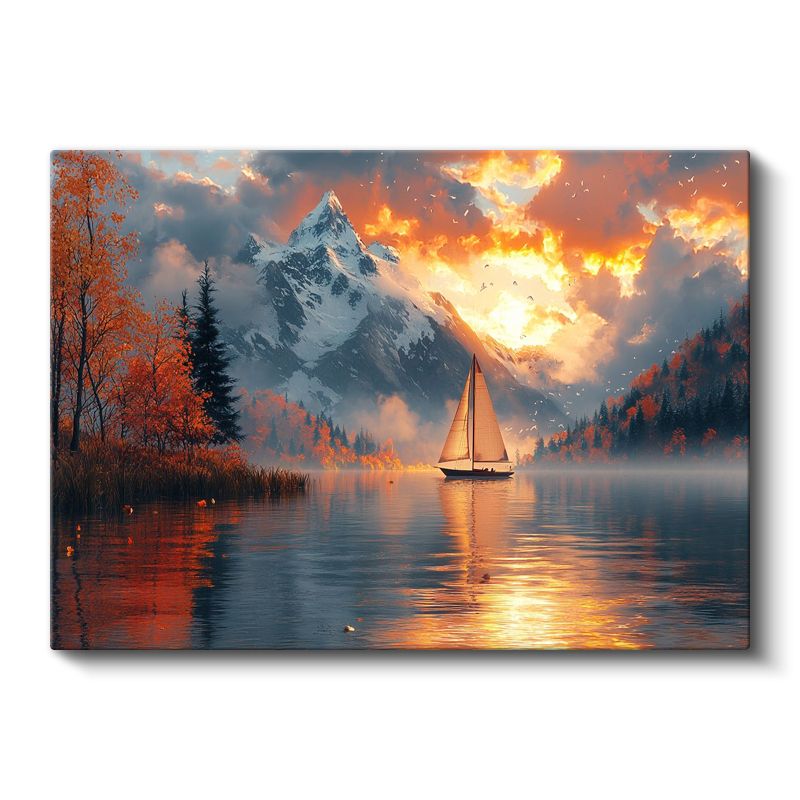 Alev Gökyüzü - Karlı Dağlar ve Göl Manzarası Kanvas Tablo