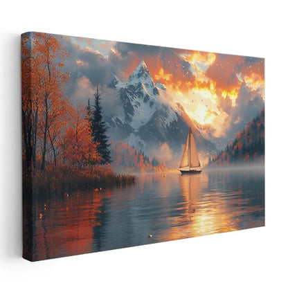 Alev Gökyüzü - Karlı Dağlar ve Göl Manzarası Kanvas Tablo