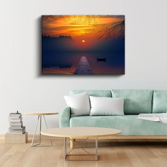 Göl İskelesi - Alev Renkli Gün Batımında Huzur Veren Manzara Kanvas Tablo