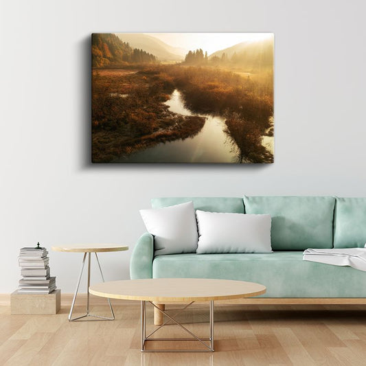 Sonbahar Vadisi - Altın Sarısı Işıkta Parlayan Dere Manzarası Kanvas Tablo