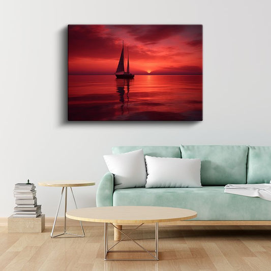Kızıl Deniz - Alev Renkli Gün Batımında Yelkenli Silüeti Kanvas Tablo