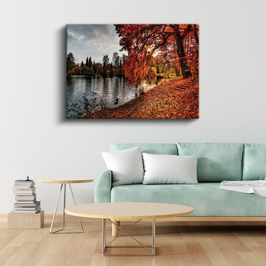 Sonbahar Gölü - Kızıl Yapraklarla Çevrili Huzur Dolu Manzara Kanvas Tablo