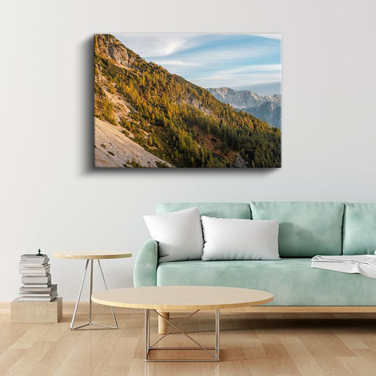 Dağ Yamacı - Sonbahar Renklerinde Çam Ormanları Manzarası Kanvas Tablo