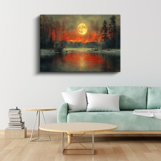 Dolunay Gecesi - Kızıl Gökyüzü Altında Buzlu Göl Manzarası Kanvas Tablo