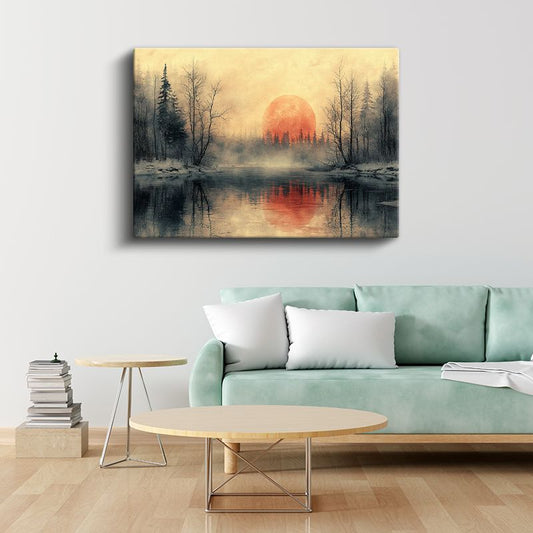 Kızıl Güneş - Sisli Kış Ormanı ve Göl Yansıması Kanvas Tablo