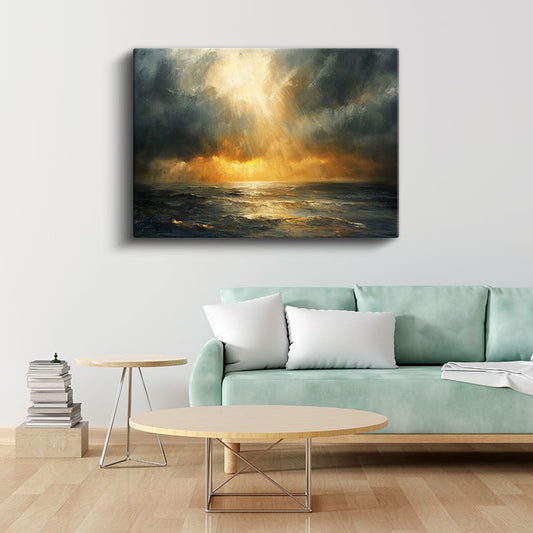 Altın Işınlar - Fırtınalı Deniz Üzerinde Güneş Huzmesi Kanvas Tablo