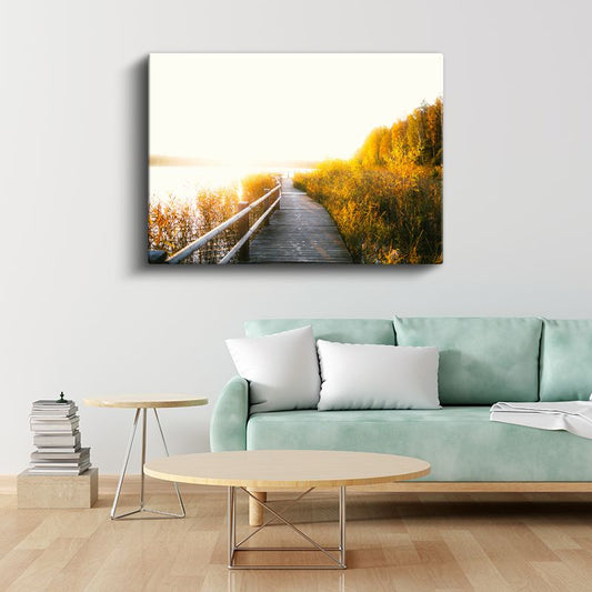Altın Sonbahar - Göl Kenarı Ahşap Yürüyüş Yolu Kanvas Tablo