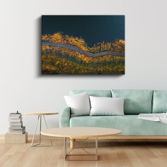 Sonbahar Kıyısı - Havadan Göl Kenarı Manzarası Kanvas Tablo