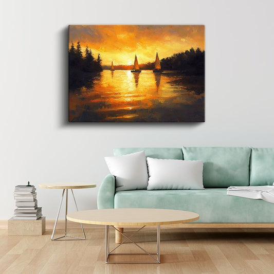 Altın Gün Batımı - Göl Üzerinde Yelkenliler Kanvas Tablo