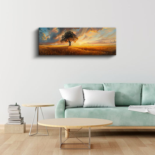 Altın Tarla - Gün Batımında Yalnız Ağaç Kanvas Tablo