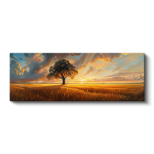 Altın Tarla - Gün Batımında Yalnız Ağaç Kanvas Tablo