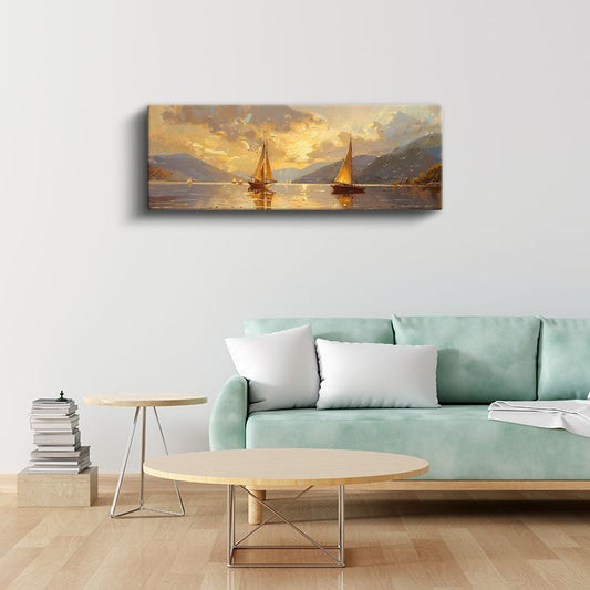 Göl Manzarası - Altın Işıkta Yelkenliler Kanvas Tablo