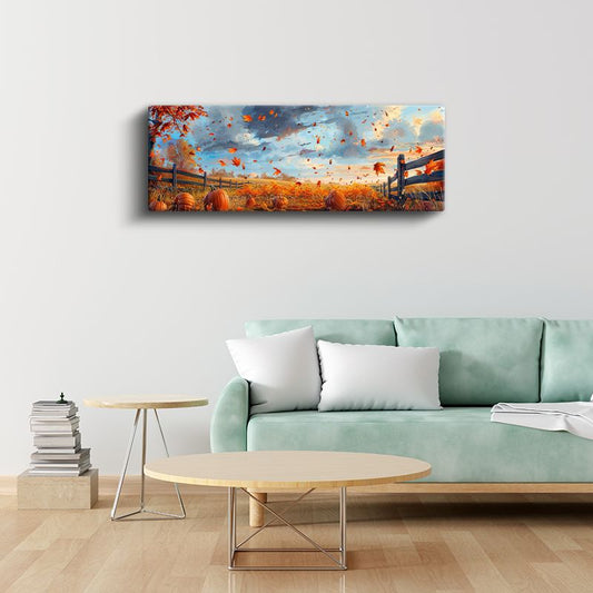 Sonbahar Rüzgarı - Uçuşan Yapraklar ve Balkabakları Kanvas Tablo