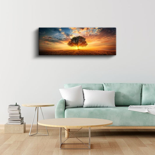 Yalnız Ağaç - Altın Gün Batımı Kanvas Tablo