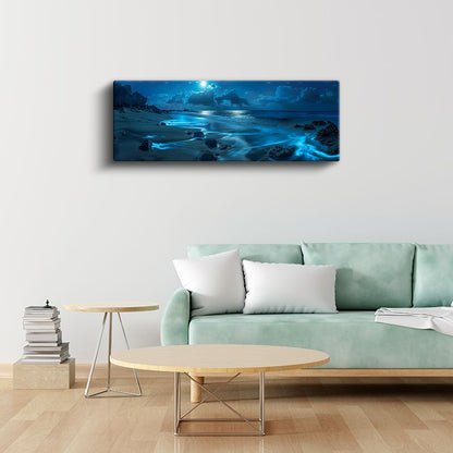 Gece Denizi - Mavi Işıltılı Dalgalar Kanvas Tablo
