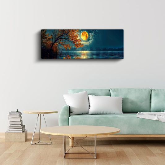 Dolunay Gölgesi - Sonbahar Gölünde Ay Işığı Kanvas Tablo