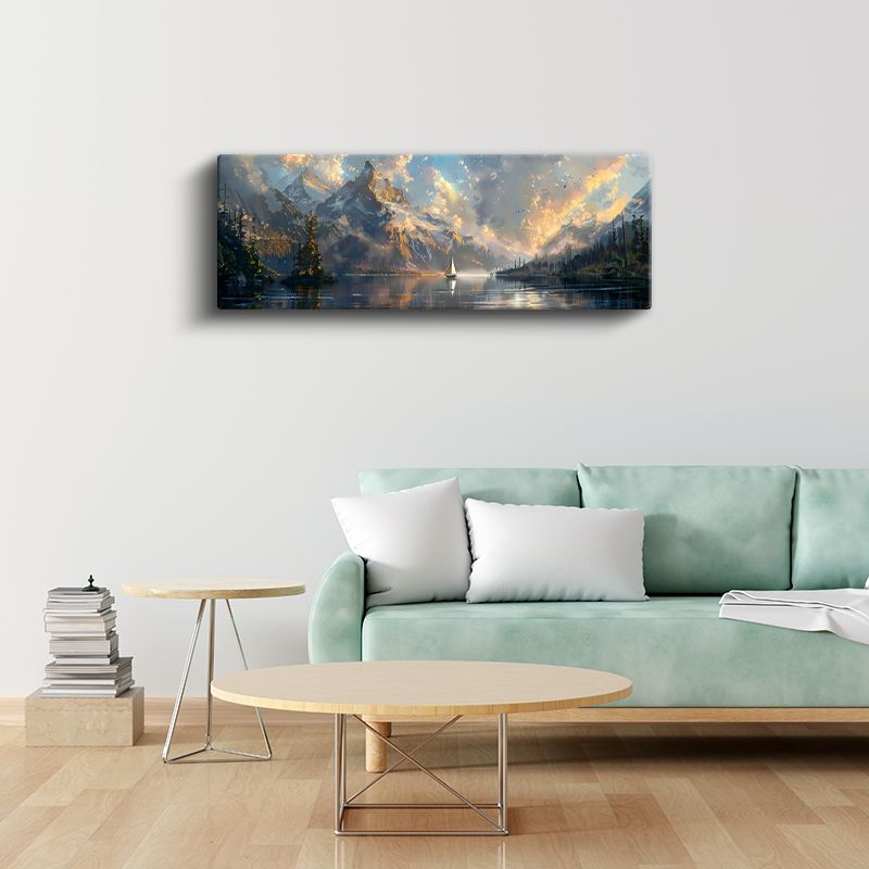 Görkemli Zirve - Karlı Dağlar ve Yelkenli Kanvas Tablo