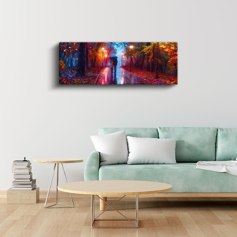 Sonbahar Yağmuru - Kızıl Yapraklar ve Şemsiye Kanvas Tablo