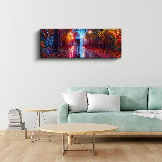 Sonbahar Yağmuru - Kızıl Yapraklar ve Şemsiye Kanvas Tablo